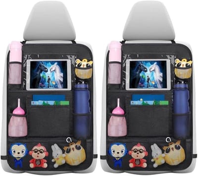 Famanu – Rugleuningbeschermer voor kinderen - auto-achterbank-organizer - waterafstotende achterbankbeschermer voor kinderen met tabletvak (zwart) 2-in-1 functie – de rugleuningbeschermer mag in