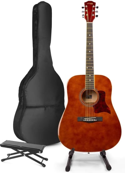 Akoestische gitaar voor beginners - MAX SoloJam Western gitaar 4/4 - Incl. gitaar standaard, voetsteun, gitaar stemapparaat, gitaartas en 2x plectrum - Bruin (hout)