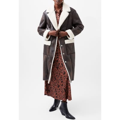 French Connection Arizona Faux Shearling Coat Chocolate Size: 10 | Faux Fur Coats Outlet | Dames | Bruin