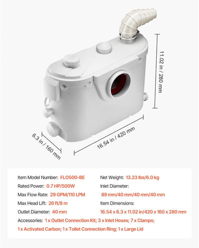NordHaus Macerator Pomp 500W - Afvalwaterpomp - Sanibroyeur - Krachtige Vermaler - 4 Inlaten & 8m Opvoerhoogte