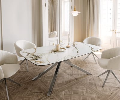 Eetkamertafel Edge wit-goud-grijs Boot keramiek Calacatta Luxe 200x100 kruisframe rechthoek RVS