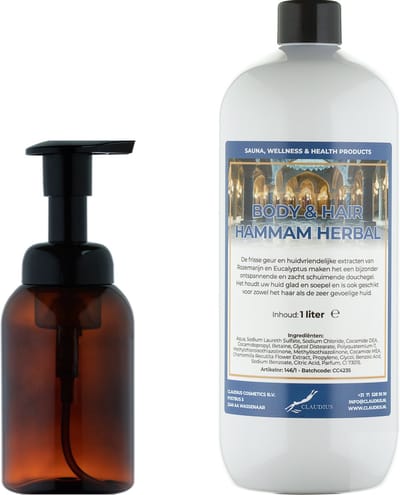 Zeepdispenser 300 ml amber bruin hervulbaar + 1 liter Body & Hair Hammam Herbal navulling