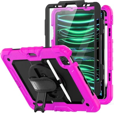 Hoes met ingebouwde Screenprotector Geschikt voor Apple iPad Mini 7 / 6 | Inclusief 360° Draaibare Handriem en Schouderriem | Extreme bescherming | Ideaal voor zakelijk gebruik | Roze