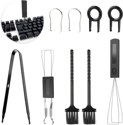 Complete set van 9 toetsenpullers voor mechanische toetsenborden, inclusief tweezers en schoonmaakborstels voor onderhoud en reiniging van verschillende modellen