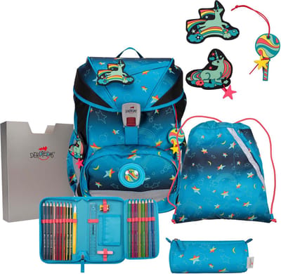 DerDieDas Schooltas ErgoFlex Exklusiv LED Schulranzenset 5-delig Rainbow Star Turquoise