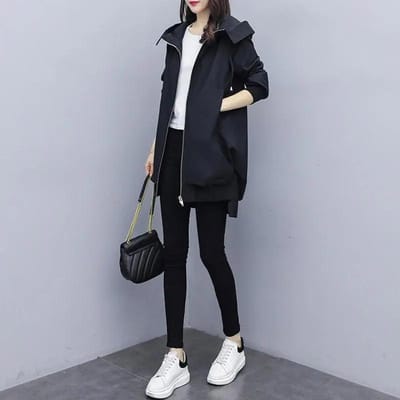 Casual Hooded Windjack Lente en Herfst Koreaanse Versie met Voering Los Warm Jas Vrouwen Lange Elegante Jas L zwart