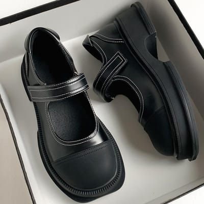 Japanse Dikkere Zool Kleine Leren Schoenen Dames Herfst Nieuw Ondiep Mond Kleurblok Velcro Dikke Hak Ronde Neus Mary Jane Schoenen 38 zwart