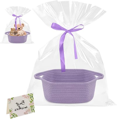 Lege katoenen geschenkmand met geschenkzakjes, wenskaarten en linten voor verjaardagen, babyshowers en feestdagen, gevlochten opbergmand met handvat (paars)