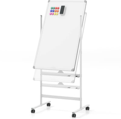 COSTWAY Dubbelzijdig mobiel whiteboard, 60 x 100 cm, in hoogte verstelbaar magnetisch whiteboard met wieltjes, standaard en pennenbakje, incl. accessoires voor school, kantoor, thuis (wit)