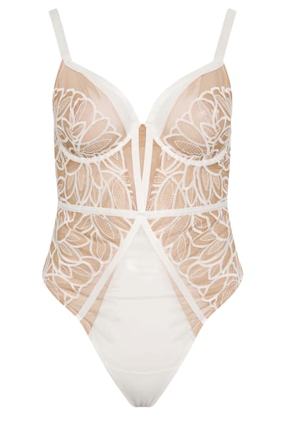 Playful Promises Grote Maten Witte Bodysuit Met Bandjes En Geborduurde Bloemen Size 85D