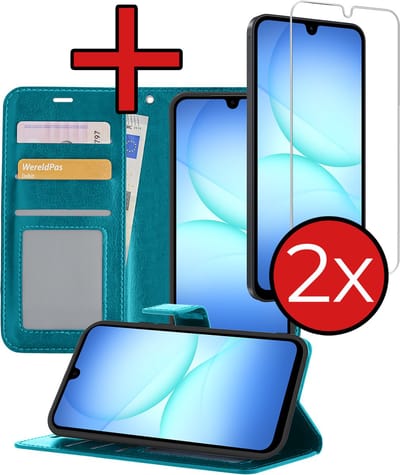 Hoesje - Met 2x Screenprotector - Geschikt voor Samsung Galaxy A17 - Luxe Pasjeshouder - Flip Case - Bookcase Portemonee - Kunstleer Book Case - Flipcase Hoes - Book Cover - Walletcase - Portemonneehoes - Telefoonhoes - Turquoise