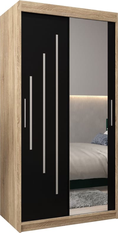 InspireMe - Kledingkast met 2 schuifdeuren, Modern-stijl, Een kledingkast met planken en een spiegel (BxHxD): 100x200x62 - MALTESE II 100 Sonoma Eik + Zwart Mat