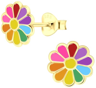 Joy|S - Zilveren Madelief bloem oorbellen - multicolor - 8 mm - gold plated