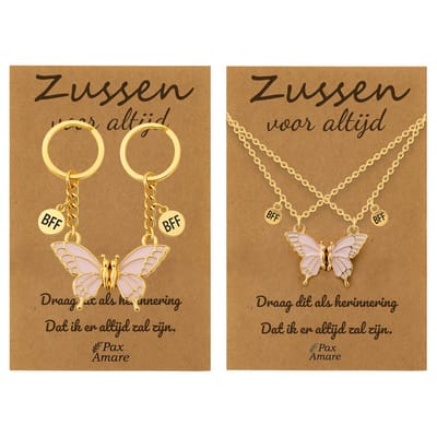 BFF Ketting + Sleutelhanger voor 2 'Zussen voor altijd' - Magnetische Roze Vlinder - Bundel op Cadeau Kaartje Bundel - Goudkleurig - Vriendschap Symbool - Pax Amare