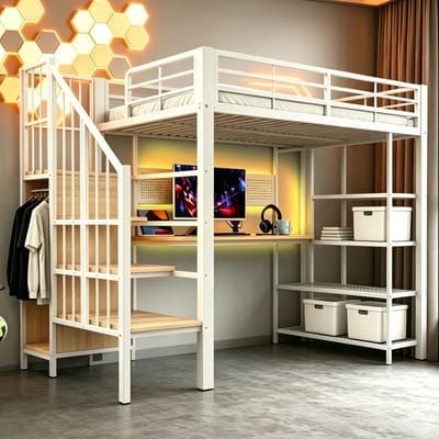 Hoogslaper 90 × 200 Cm, Eenpersoonsbed Lang Bureau En Lang Prikbord, Met Europese Stopcontacten En Led-Lichtstrip, Opbergvakken Met Meerdere Niveaus, Hoge Reling-Wit