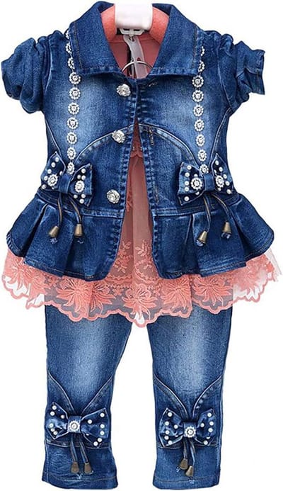 Lange Mouw Tops en Denim Kleding Set voor Baby Meisjes 3 Stuks - Oranje - M