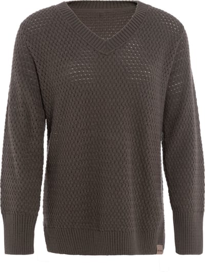 Knit Factory Ilse Gebreide V-hals Trui Gebreide Dames Trui - Grof gebreid - Trui dames winter - Pullover dames - lange mouw - Wintertrui - Damestrui - Boothals - Cappuccino - 36/38