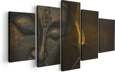 Artaza Canvas Schilderij Vijfluik Boeddha Beeld Met Wierook - 100x50 cm - Wanddecoratie Woonkamer - Schilderijen - Muurdecoratie