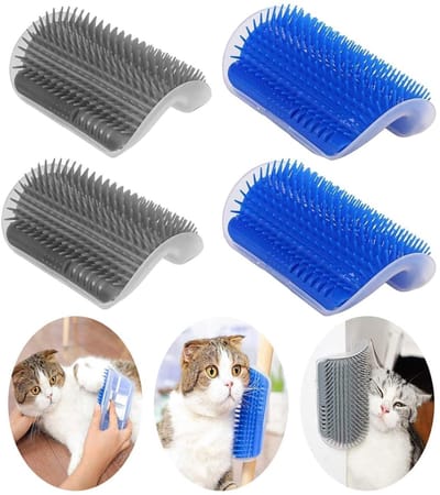 Daity 4 stuks - Verzorgingsset voor katten - kattenverzorgingsapparaat voor aan de muur met kattenkruid - zachte gezichtskrabborstel - hoekmassagekam - geschikt voor zowel langharige als kortharige katten van alle leeftijden (grijs/blauw)