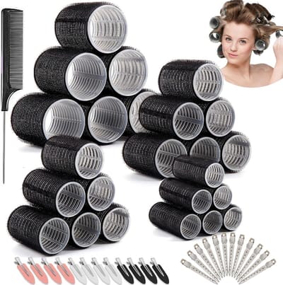 49Pcs Curler Set, Heat Free Curling Large Curlers, Small DIY Self Adhesive Hair Rollers with 24pcs Hair Clips for Long, Medium Short Salon, 60/45/36/25mm