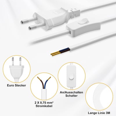 2x Stroomkabel met Tuimelschakelaar 8 Meter Wit - Europees Platte Stekker Vervangingskabel