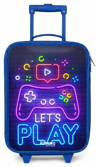NoBoringSuitcases.com® - Kinderkoffer blauw - Kindertrolley jongen - Neoncontroller tegen een bakstenen muur - Koffer kind lichtgewicht - Reiskoffer trolley voor kinderen - Koffertje met lichtgevende wieltjes - Rolkoffer