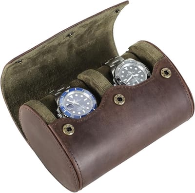 Elegante lederen horlogedoos voor 2 horloges, ronde organizer met afneembare kussens, koffiebruin en luxe uitstraling