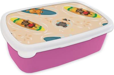 Broodtrommel Roze - Lunchbox - Brooddoos - Honden - Surfen - Patroon - 18x12x6 cm - Kinderen - Meisje