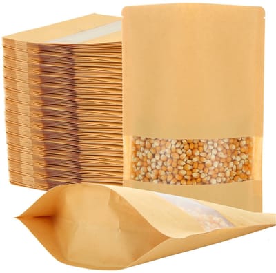Dailygoody - Papieren zakken - 100 stuks - Herbruikbaar - 18 x 26 cm - Kraftpapier met venster - Perfect voor voedselopslag - Bruin