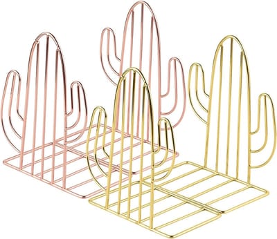 Geometrische Boekensteunen voor Zware Boeken, Decoratieve Cactus Boekenhouders voor Thuis, Kantoor en School (Goud & Roségoud, 2 Paar)