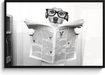 Poster in lijst - Fotolijst 120x80 cm - Posters - Hond - Krant - Toilet - Zwart wit - Dieren - Posterlijst zwart - Wanddecoratie badkamer - Muurdecoratie WC - Decoratieve accessoires - Toilet muur decoratie