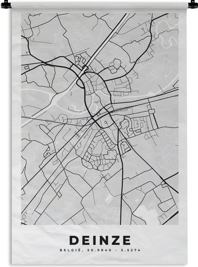 Wandkleed - Wanddoek - Kaart – Plattegrond – Stadskaart – Deinze – België – Zwart Wit - 120x180 cm - Wandtapijt