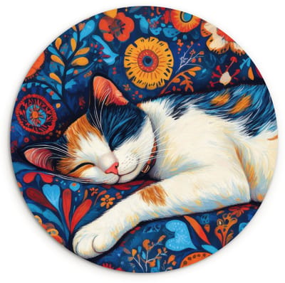 WallCircle® Wandcirkel 120x120 cm - Muurcirkel Kat - Bloemenpatroon - Blauw - Oranje - Muurdecoratie woonkamer - Wanddecoratie slaapkamer - Kamer decoratie accessoires - Ronde schilderijen XXL