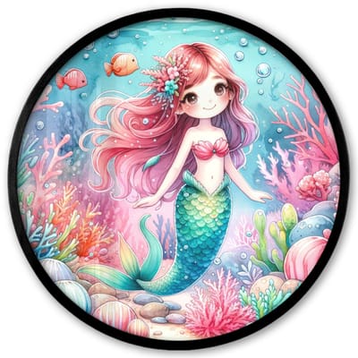 Poster in lijst Rond - Fotolijst 40x40 cm - Posters - Zeemeermin - Kleurrijk - Onderwater - Zeedieren - Vissen - Ronde posterlijst zwart - Decoratie - Wanddecoratie woonkamer - Muurdecoratie slaapkamer
