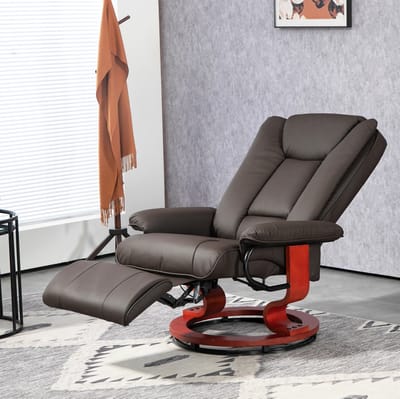 MEUNIQ Relaxfauteuil handmatig verstelbaar met ligfunctie en 360° draaibare basis, verstelbare rugleuning tot 135°, voetensteun, kunstleer, bruin, 150 kg