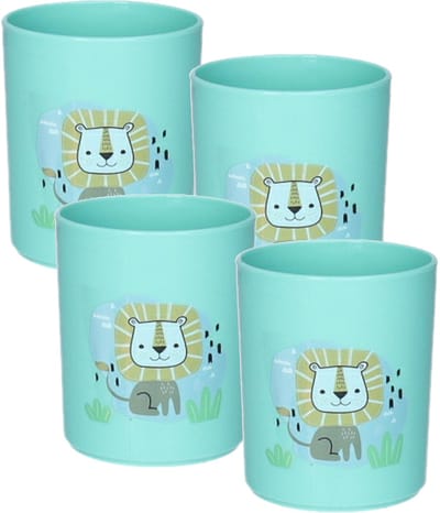 Plasticforte onbreekbare Drinkbekers - 4x - kunststof - 350 ml - aqua - leeuw - kinderen - camping - mokken