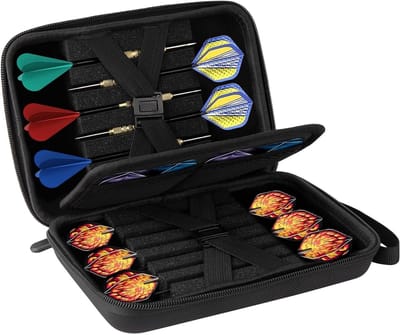 Grote darttas voor 12 dartpijlen met beschermingssysteem, ideaal voor steel en soft darts, inclusief accessoires, perfect voor toernooien en reizen