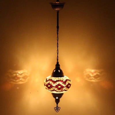 Hanglamp - Mozaïek Lamp - Oosterse Lamp - Turkse Lamp - Marokkaanse Lamp - Ø 14 cm - Hoogte 53 cm - Handgemaakt - Authentiek - Geel & Zwart