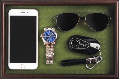 Houten Valet Tray met Leren Basis - Organiser voor Sleutels, Portemonnee, Telefoon en Sieraden - Ideaal als Bedside Catchall en Cadeau voor Mannen