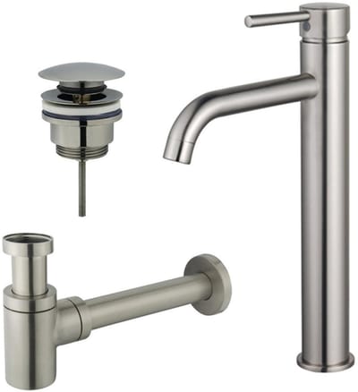 FugaFlow Eccelente Sobrado Badkamer Wastafelkraanset - verhoogde wastafelkraan - klikwaste plug - verlaagde design sifon - PVD Geborsteld RVS