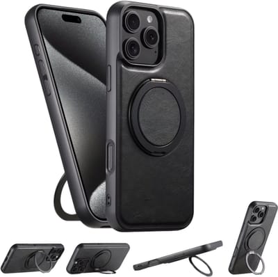 Hoesje met Ringstandaard Geschikt voor iPhone 17 – Draadloos Opladen – Draaibare Ring – PU Leren Telefoonhoes - Zwart