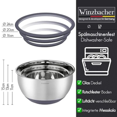 SnelShoppen - RVS Mengkommen Set met Glasdeksel [3-delig] 1L + 2.5L + 4.5L - Antislip, Stapelbaar, Vaatwasmachinebestendig - Ideaal voor Salades, Koke