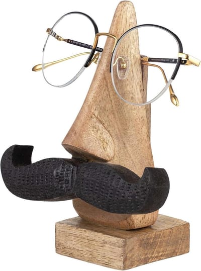 Houten Bril Houder - Neus Snor Stand - Bril Opbergen - Handgemaakt Mangohout - 5 inch hoogte - Houtkleur