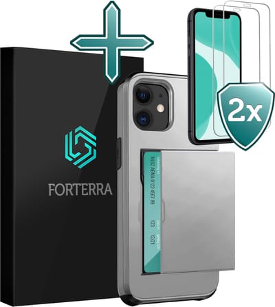 Hoesje Geschikt voor iPhone 11 Pashouder Hard Case Hoes Met 2x Screenprotector - Hoes Geschikt voor iPhone 11 Hoesje Back Cover Met Pasjeshouder - Grijs