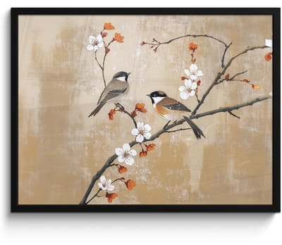 Poster in lijst - Fotolijst 80x60 cm - Posters - Vogels - Bloesemtak - Bloemen - Oranje - Posterlijst zwart - Decoratie - Wanddecoratie woonkamer - Muurdecoratie slaapkamer