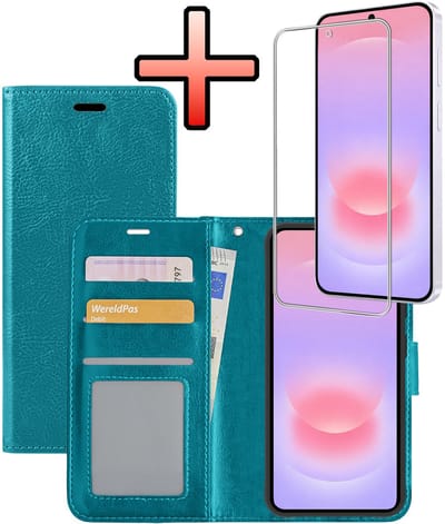 Hoesje - Met Screenprotector - Geschikt voor Samsung Galaxy A37 - Luxe Pasjeshouder - Bookcase Portemonee - Flip Case - Kunstleer Book Case - Flipcase - Book Cover - Walletcase - Portemonneehoes - Turquoise