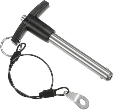 T-handle vergrendelingspen met push-button quick release, 25/64" diameter, 2-3/8" gebruikslengte, roestvrij staal met lanyard voor veilig gebruik