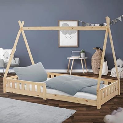 Kinderbed Tipi 90x200 cm - Natuurlijke Houten Kinderbed met Valbeveiliging