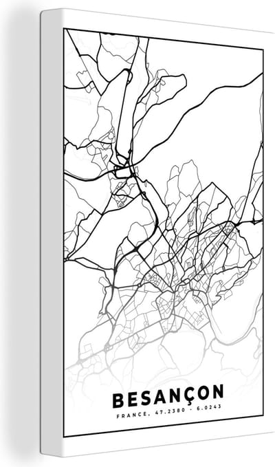 Canvas Schilderij Stadskaart - Frankrijk - Kaart - Besançon - Plattegrond - Zwart wit - 20x30 cm - Wanddecoratie