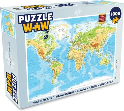 Puzzel Wereldkaart - Staatkundig - Blauw - Aarde - Educatief - Legpuzzel - Puzzel 1000 stukjes volwassenen